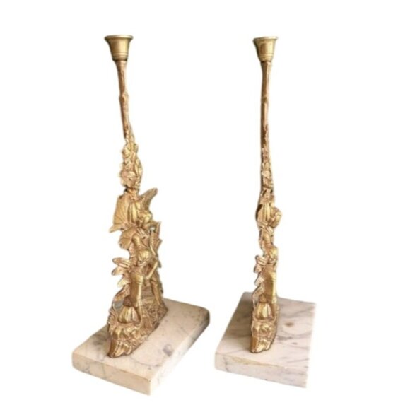 Pair of Antique Ormolu and Marble Colonial Style Candleholders - Picture 2 of 11